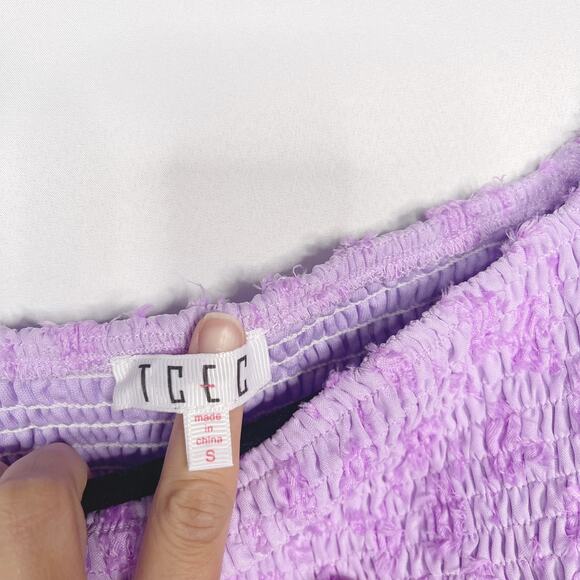 TCEC Purple Small Gingham Cropped Smocked Off The Shoulder Top Blouse 3/4 Sleeve - Picture 6 of 11